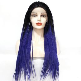 Ombre Long Braided Wig Synthetic Lace Front Wigs 1b Blue Braiding Hair Lace Wigs Heat Resistant Synthetic Hair For Black Women Cosplay Wig
