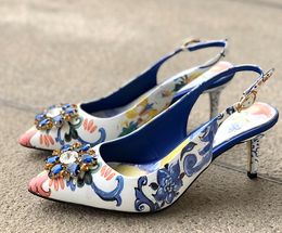 High Free Shipping Diamond Stiletto Heels Pillage Pointed Toes Paisley Printed Rose Flowers Buckle Sandals SHOES Pa