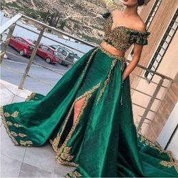 Dark Green Two Pieces Prom Dresses Off the Shoulder Side Split With Gold Appliques Special Occasion Dress Sweep Train Satin Form Gowns