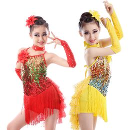 Stage Wear Girls Salsa Fringe Kids Dance Costume Sequin Dress Child Children's Sequined Red Gold Skirt Ballroom