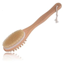 Natural Bristles Body Brush Scrubber with Long Wooden Handle Two Sides Bath Massage Brush for Spa Shower