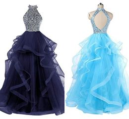 Custom Made Ruffles Prom Quinceanera Dresses High Halter Keyhole Backless Beaded Crystal Tiered Sweet 16 Dress Ball Gown Prom Dress 8th