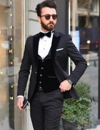 Dark Grey Groom Tuxedos Velvet Peak Lapel Groomsmen Mens Wedding Dress Excellent Man Jacket Blazer 3 Piece Suit(Jacket+Pants+Vest+Tie) 1666