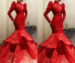 Red Evening Dresses High Neck Tulle Tiered Skirts Floor Length Long Sleeve Prom Dress Custom Made Formal Party Gowns