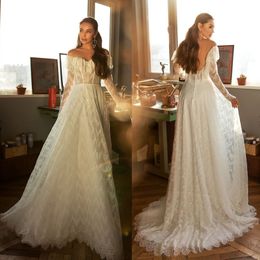 Elegant Lace Long Sleeves Wedding Dresses Off The Shoulder A Line Backless Bridal Gowns Sweep Train robe de mariée
