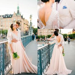 2019 New Arrival A Line Wedding Dresses Summer Beach 1/2 Sleeve Lace V Neck Open Back Sweep Train Plus Size Bridal Gowns