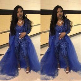 Trendy Jumpsuit Prom Dresses Pants Overskirt Long Sleeve Royal Blue Sequins Party Evening Gowns Robe De Soiree Celebrity Special O296n