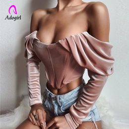 Khaki Boning Corset Shirt Velvet Blouse Women Spring Vintage Long Sleeve Ruched Off Shoulder Corset Tops Ladies Sexy Shirt New