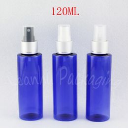 120ML Blue Flat Shoulder Plastic Bottle With Silver Spray Pump , 120CC Makeup Sub-bottling , Toner / Water Packaging Bottle