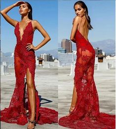 2019 Sexy Spaghetti Strips Slim Lace Appliques Prom Dresses Backless Deep V-Neck Split Front Long Special Occasion Party Gowns Cheap