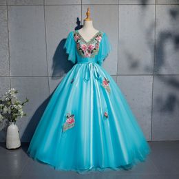 2018 Sexy Princess Embroidery V-Neck Blue Ball Gown Quinceanera Dresses Crystal Lace Up Sweet 16 Dresses Debutante 15 Year Party Dress BQ110
