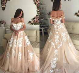 Elegant Romantic Champagne A Line Lace Wedding Dresses Off Shoulder Backless Lace-up Back Lace Applique Tulle Wedding Bridal Gowns