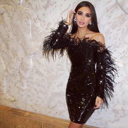 Sparkling Sequined Short Party Dress With Feather Long Sleeve Cocktail Prom Dresses Off The Shoulder Black Mermaid Evening Gowns Sexy