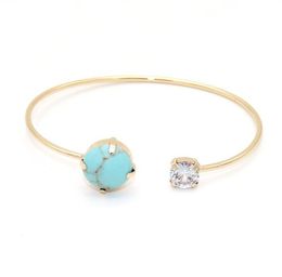 Fashion Gold Color Rose Quartz Turquoise Stone Cuff Bangle Bracelet Lapis Lazuli Druzy Bracelets for Women