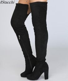 Women Stretch Faux Suede Thigh High Boots Sexy Fashion Over the Knee Boots High Heels Woman Shoes Black Green Size 35-42