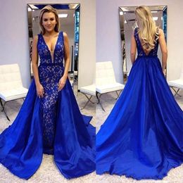 2019 Patterns Lace Royal Blue Mermaid Prom Dress with Detachable Train Deep V Neck Nude Underneath Sexy Prom Tube Gown Evening Dress