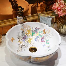 Art Porcelain bathroom ceramic counter top sink Rectangular wash basin popular in europe art basin painted ceramic sinks flower