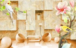 modern wallpaper walls European three-dimensional space marble flower and bird mural TV background picture