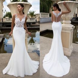 Classy Berta Mermaid Sequined Wedding Dresses Sheer Bateau Neck Appliqued Bridal Gowns See Through Buttons Back Sweep Train robes de mariée