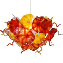 Lamps Flower Plates Chandeliers Hand Blown Glass Chandelier Lighting Orange Yellow Colour Chain LED Light FixtureS