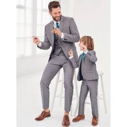 Handsome Grey Groom Tuxedos Peak Lapel Man Parent-child Business Suit Boys Party Blazer Waistcoat Trousers Sets K:47