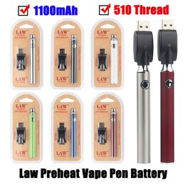 Hottest Law Preheating VV Battery Blister Package Kit 1100 mAh 510 Thread Variable Voltage Vapes Pens fit Ceramic Coil Thick Oil Cartridges