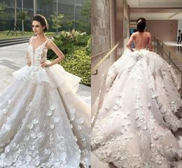 Arabic Ball Gown Wedding Dresses Floral Lace Handmade Flowers Plus Size Bridal Gowns Plunging V Neck See Through Back Vestidos AL3512