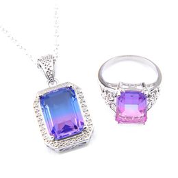 watermelon tourmaline ring Canada - NEW Luckyshine 2Pcs Lot Jewelry Sets Rectangle Watermelon Tourmaline Pendants RingS 925 Sterling Silver Necklaces For Women P1074 R0195