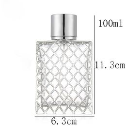 100ml Square Flat Bottles Lattice Shape Glass Perfume Bottle 100 ml Empty Bottle with Pump Sprayer