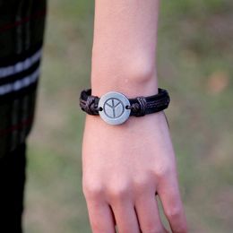 Women Male Unisex Cowhide Leather Bracelet Stainless Steel Peace Logo Charm Length Wristband Wrap Bracelets Bangle