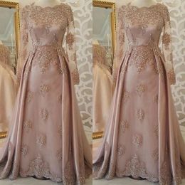 Långärmad blygsam aftonklänning elegant arabisk dubai en linje mjuk rosa semester kvinnor bär formell fest prom klänning plus storlek