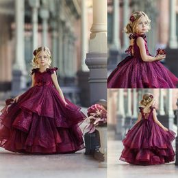 Sparkly Flower Girls Dresses Sequins Jewel Neck Short Sleeve Tiered Ruffles Lace Girl Pageant Gowns Puffy Tutu Floor Length Birthday Dress