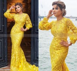 Yellow Poet Long Sleeve Prom Evening Dresses For Special Occasion 2020 Expensive Nigerian Lace Mermaid South African Formal Dress Celebrity