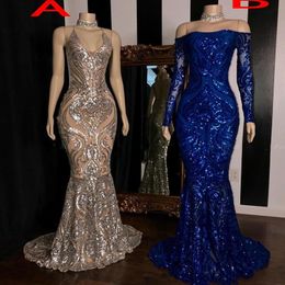 Sparkley Prom Dresses Mermaid 2022 Off the Shoulder Long Sleeves Royal Blue Plus Size Evening Gowns Formal Wear Vestidos