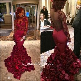 Burgundy Mermaid Prom Dresses With Rose Floral Flowers Sheer Backless Evening Gowns Appliqued Lace Long Sleeves Plus Size Party Gown ED1159