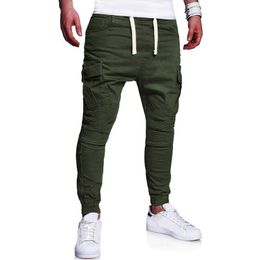 Spring Men Cargo Pants Loose Solid Colour Multi Pockets Trousers Casual Jogging Drawstring Belt Men Pants Plus Size M-4XL