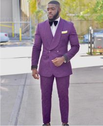 Slim Fit Purple Lace Wedding Tuxedos For Groom Wear Groomsmen Best Man Suit Men's Suits Bridegroom (Jacket+Pants) Prom Party Guest Big Shawl