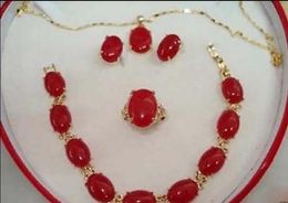 Jewellery FREE SHIPPING>>@> FREE SHIPPING18K Gold Plated Red Jade Bracelet earring Pendant Necklace Set +free chain