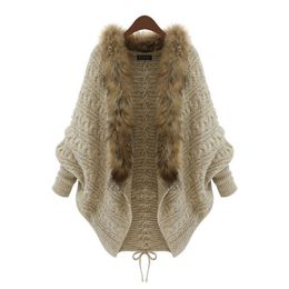 Winter Women Cardigan Loose Sweater Faux Fur Collar Batwing Sleeve Knit Cardigan Jacket Coats Casual Sweaters Asian Free Size