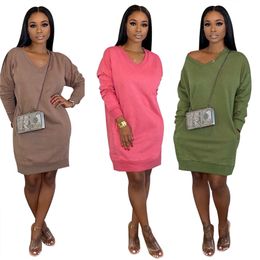 Fall winter Women sweater dress fashion solid Colour loose hoodies dress Casual long sleeve skirts V neck sweater one piece skirts 2141