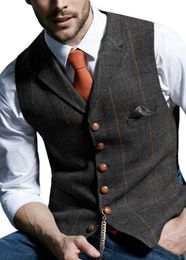 Men's Wool Plaid Groom Vests Groomsmen Attire Tweed Business Suit Jacket Formal Groom's Wear Suit Vest Men's Weddin259v