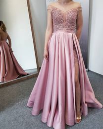 2020 Arabic Aso Ebi Blush Pink Sexy Evening Dresses Sheer Neck Cheap Prom Dresses High Split Formal Party Second Reception Gowns ZJ435