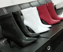 2018 factory real pic new arrival black leather ankle boots metal heel point toe booties mujer boats zip up martin boots white thin heel