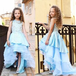2020 Flower Girls Dresses Jewel Neck Sleeveless Beads Tiered Satin Pageant Dresses Hi Lo Girls Party Gowns