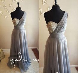 One Shoulder Bridesmaid Dresses Long Sequined Beads Pleats Sash Chiffon Wedding Party Gowns A Line Back Zipper Maid Of The Honor Dress Cheao