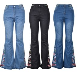 Women Embroidery Flowers High Waist Wash Jeans Plus Size Loose Denim Pocket Button Bell-bottom Wide Leg Pants