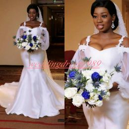 Elegance Straps Lace Plus Size Wedding Dresses Mermaid 2019 Robe de mariée Sexy African Marriage Bridal Gowns Long Sleeve Satin Bride Dress