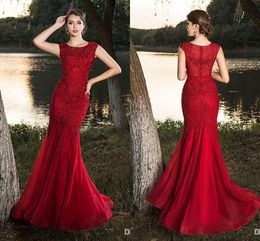 New Fashion Dark Red Plus Size Lace Appliques Mermaid Evening Dresses Beadings Lace Applique Dubai Arabic Dresses Evening Wear Prom Dresses