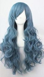 WIG free shipping Lady Girl Long Wavy Curly Blue Harajuku Hair Full Wigs Cosplay Costume Party Wig