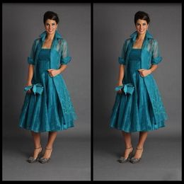 Teal Organza Mother of Bride Tea Length Wedding Dresses with Long Jacket Elegant Women Formal Long Party Dresses 2019